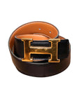 Hermès black reversible belt "H" with gold buckle