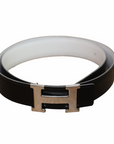 Hermès Wendegürtel "H" mit Silberner Schließe 30mm in Schwarz und Creme