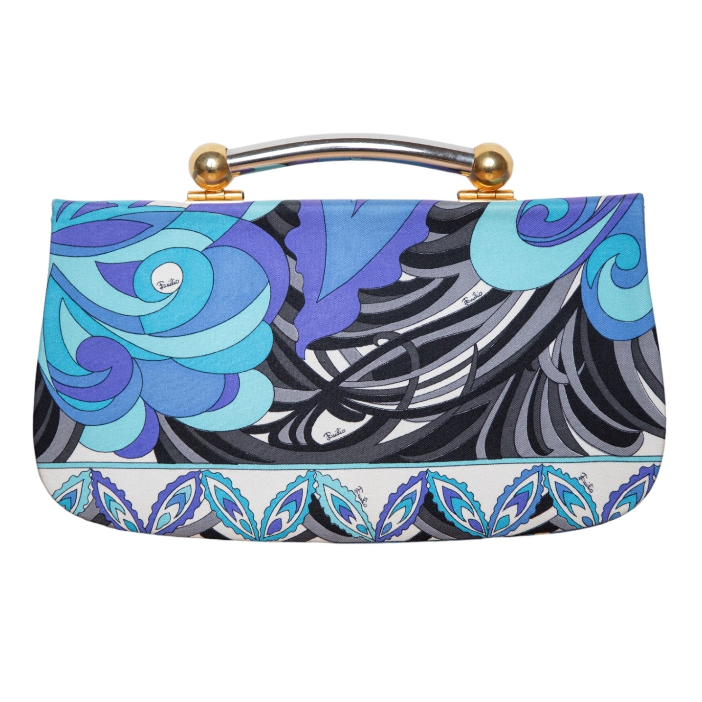 Emilio Pucci Vintage Clutch mit goldenem Statement-Henkel und grafischem Allover-Print