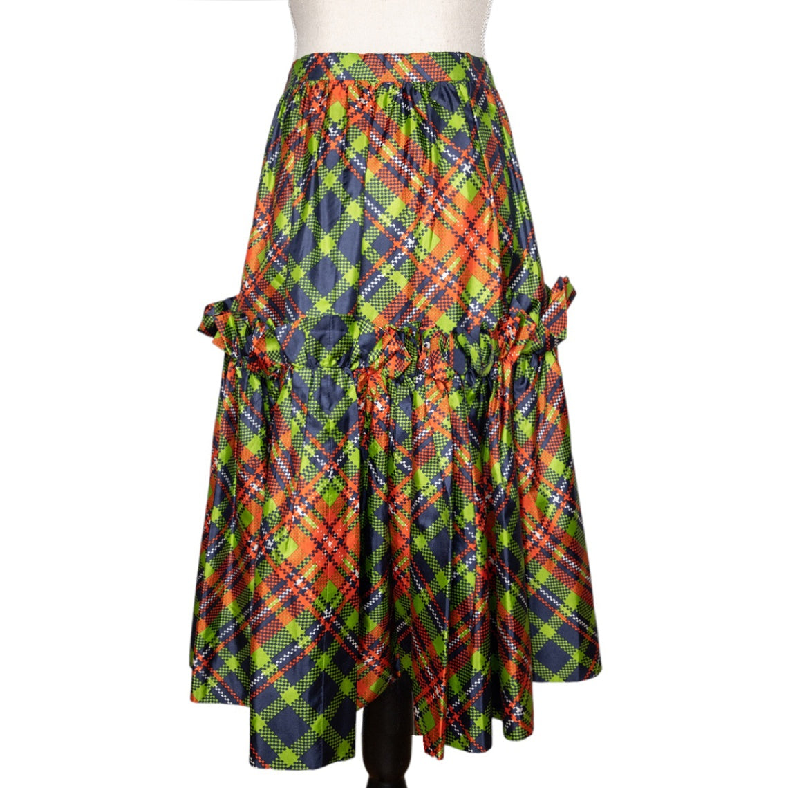 Yves Saint Laurent Rive Gauche Seidenrock mit stilvollem Karo-Allovermuster und Volants