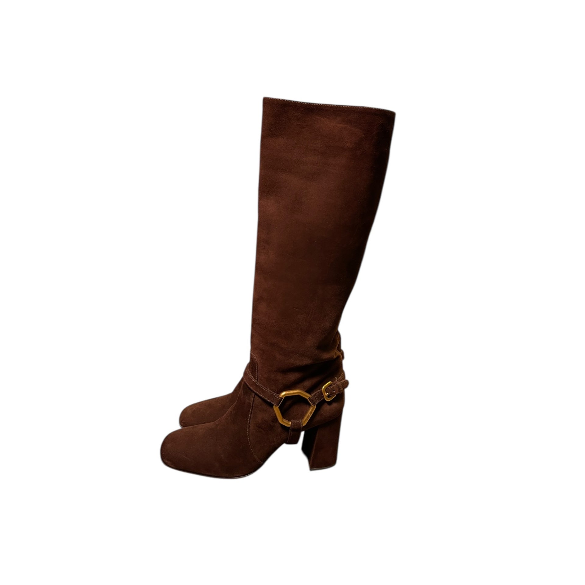 Prada Kniehohe Stiefel aus Wildleder mit Trensen-Riemen