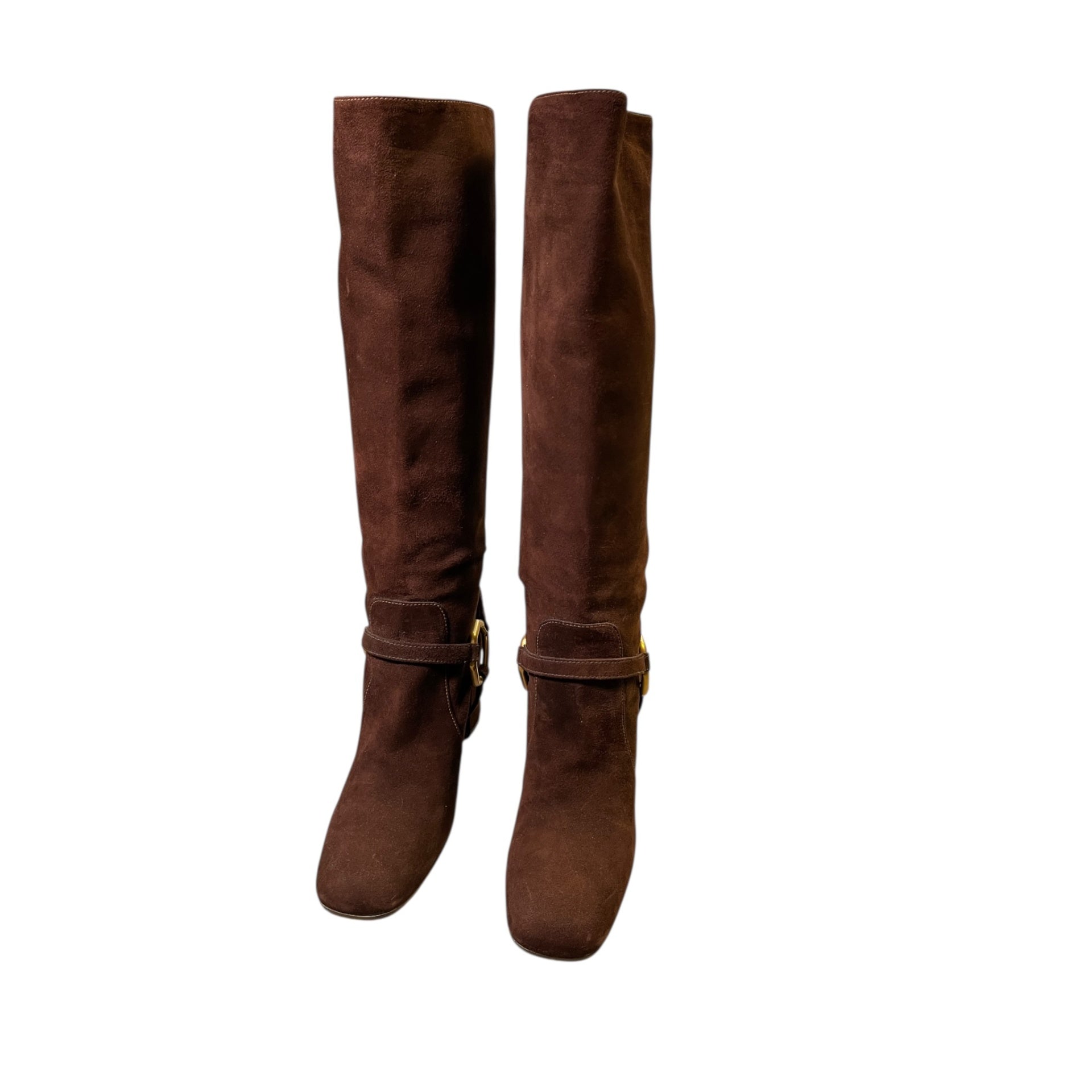 Prada Kniehohe Stiefel aus Wildleder mit Trensen-Riemen