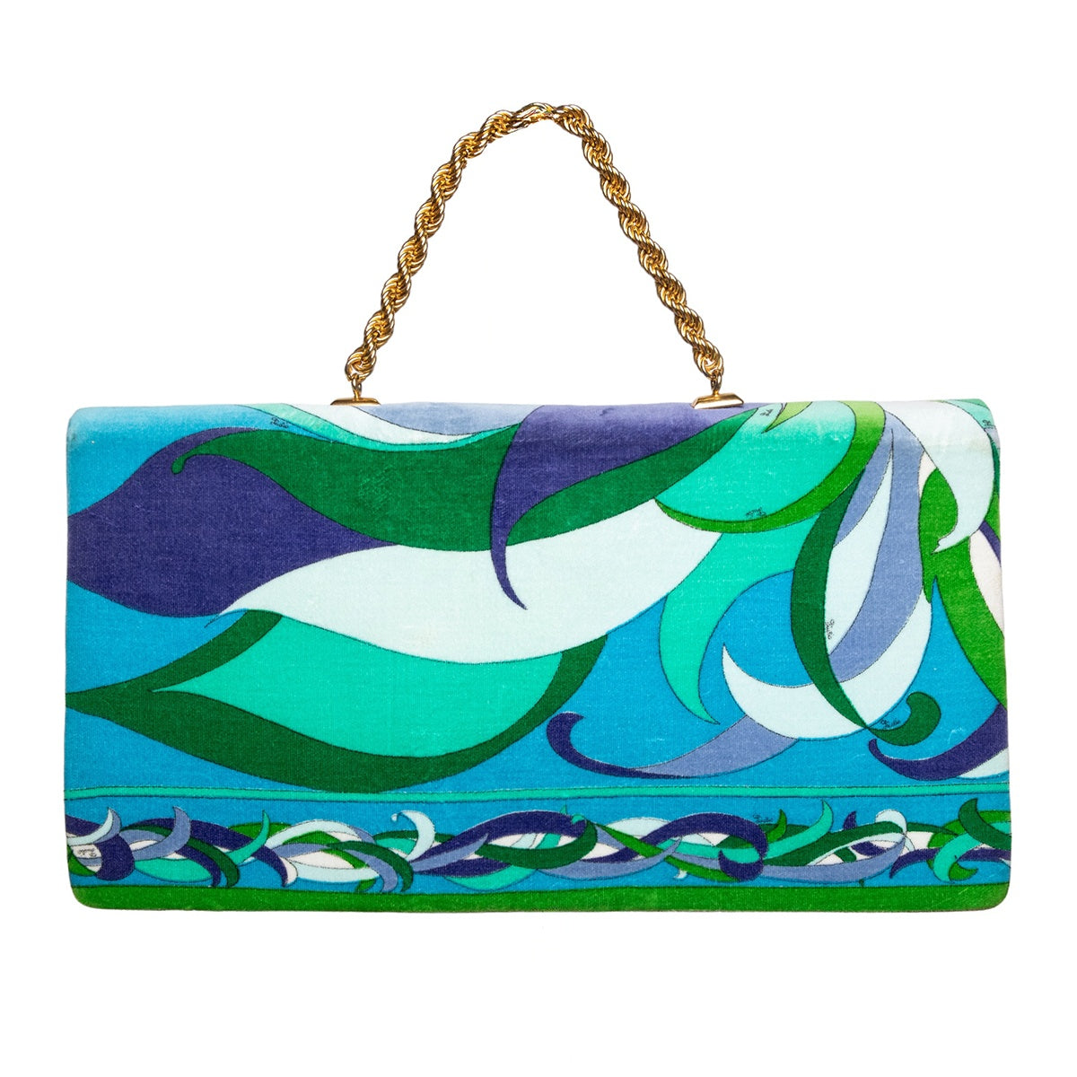 Emilio Pucci Vintage Samt-Clutch im Signature-Print und goldenem Ketten-Henkel