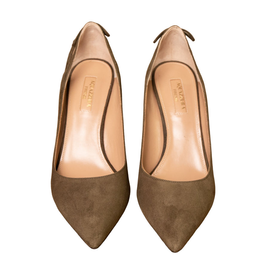 Aquazzura suede pumps with cutouts and piping on the heel