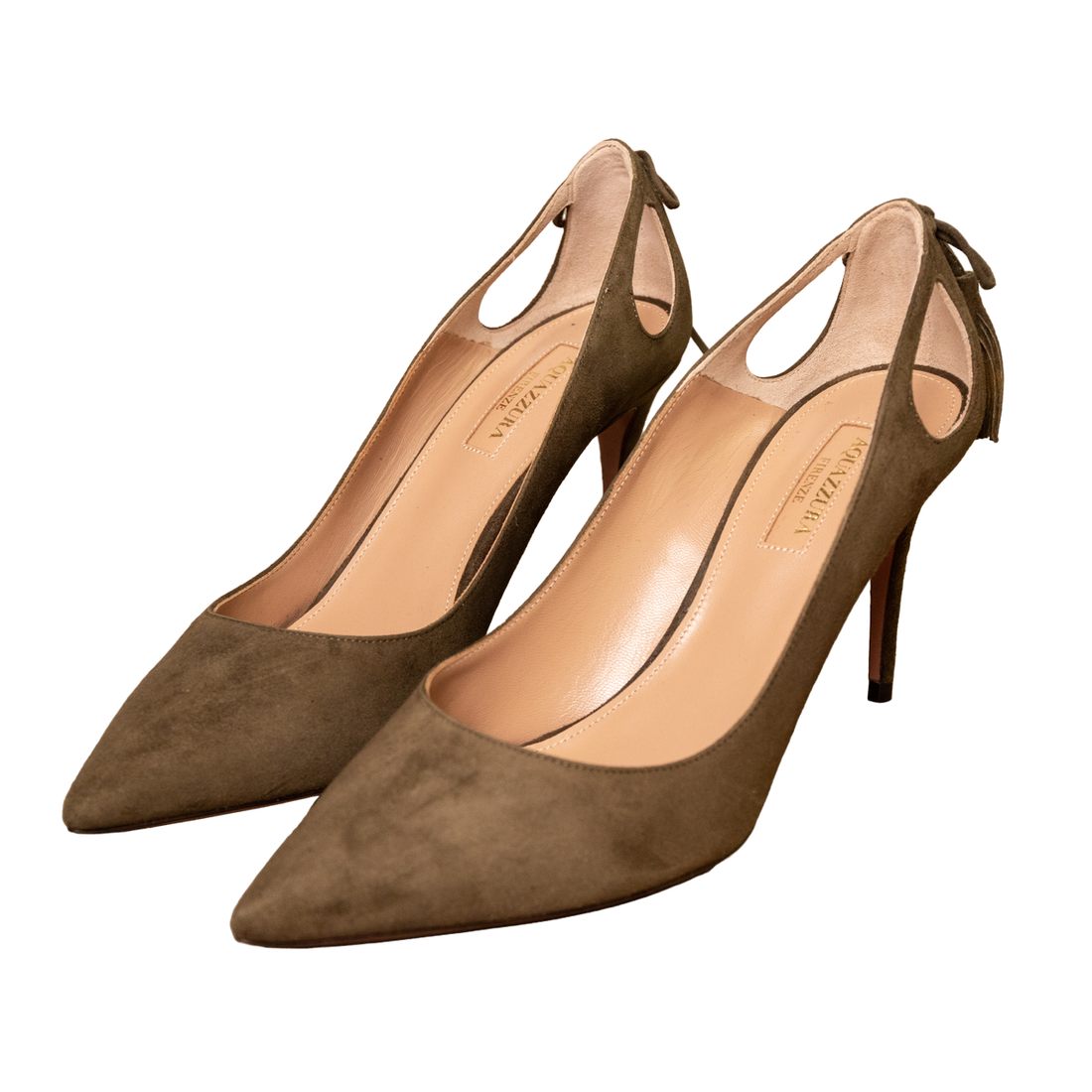 Aquazzura suede pumps with cutouts and piping on the heel
