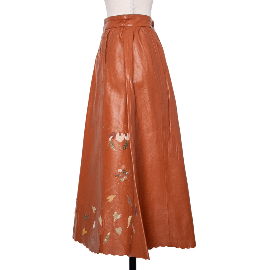 Ella Singh Flared vintage leather skirt with elaborate leather applications