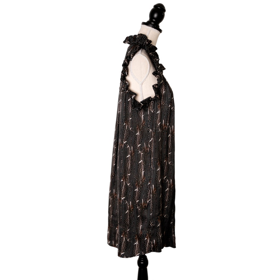 Isabel Marant sleeveless boho dress with ruffles in a feather print