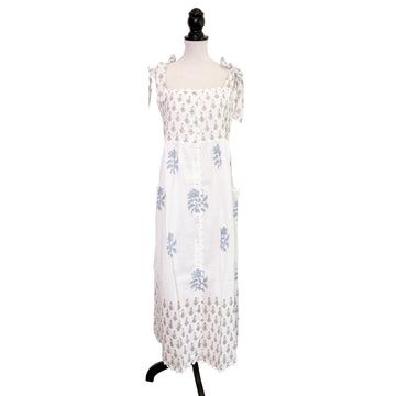 Juliet Dunn Blau bedrucktes Sommerkleid in Midilänge mit Knopfleiste und aufgesetzen Taschen
