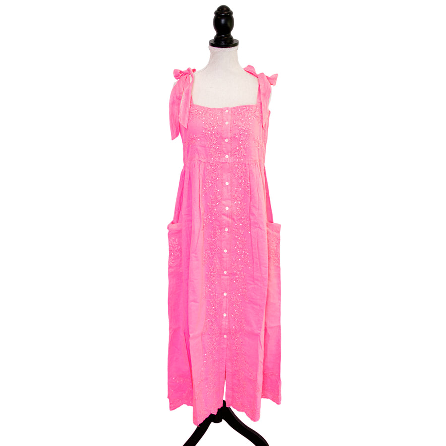 Juliet Dunn midi length summer dress with button placket and patch pockets in neon pink