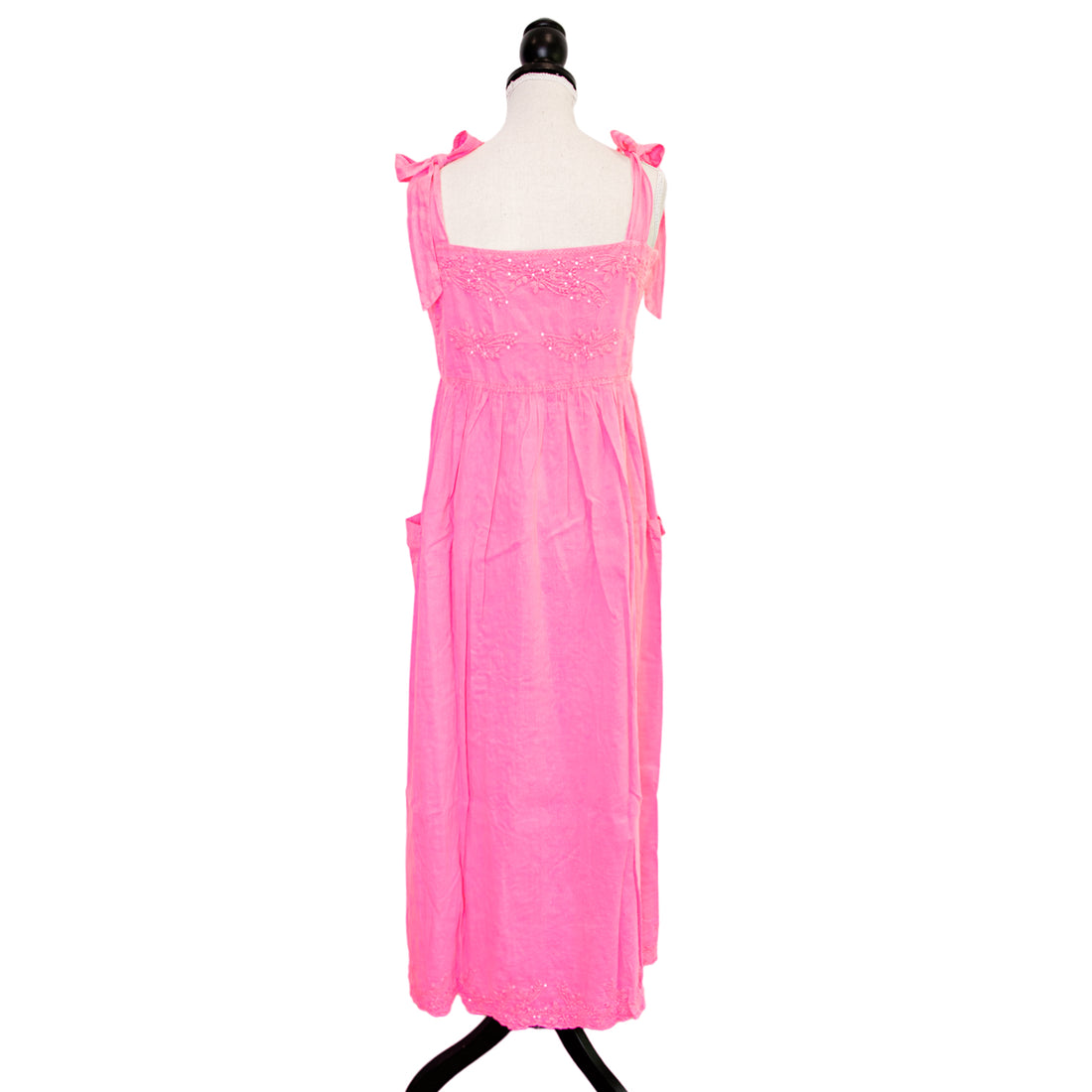 Juliet Dunn midi length summer dress with button placket and patch pockets in neon pink