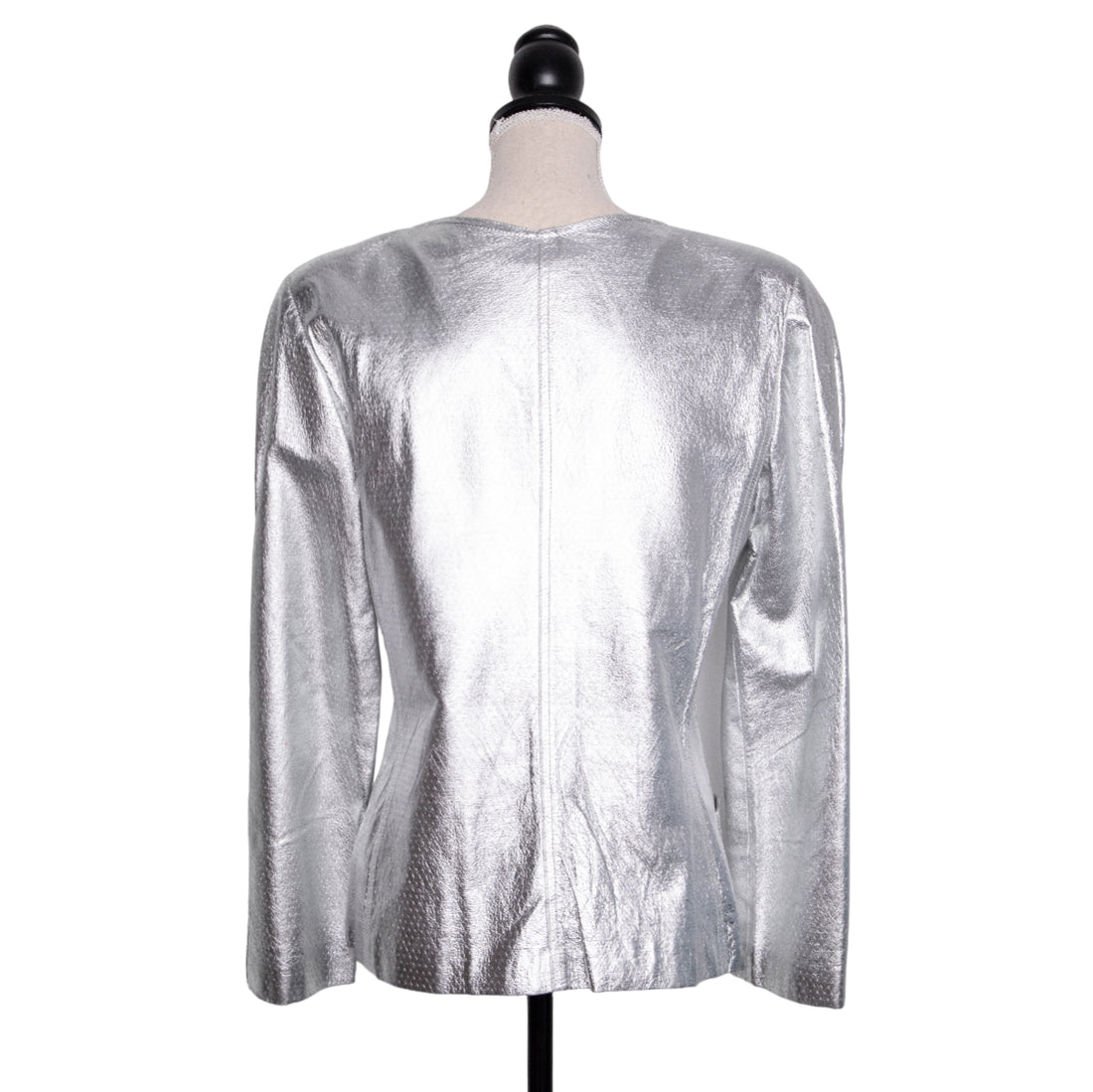 Krizia Ikonische Vintage Jacke aus silbernem Leder mit aufgesetzten Taschen