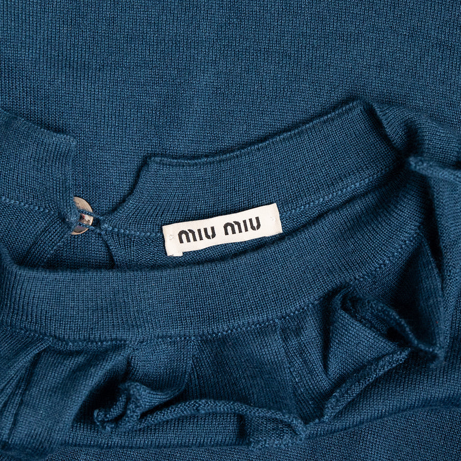 Miu Miu Petrol long sweater with ruffle decoration on the collar
