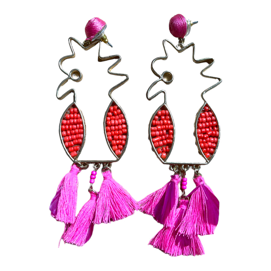 NN Cockatoo earrings with coral and pink tassels