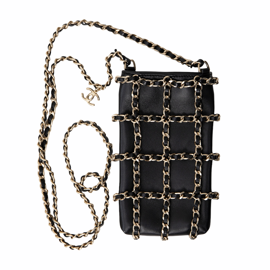 Chanel Black Leather &amp; Chain-Link Phone Bag