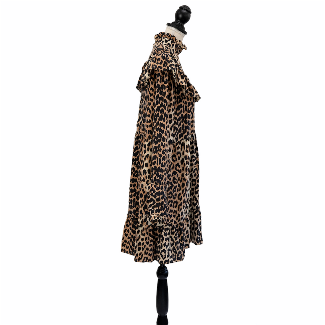 Ganni Kleid mit Leopardenmuster und Rüschen
