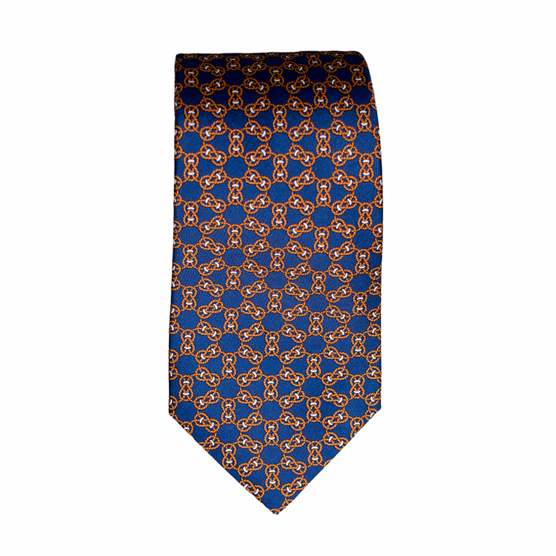 Hermès Klassische blaue Seidenkrawatte mit orangenem Signature-Print