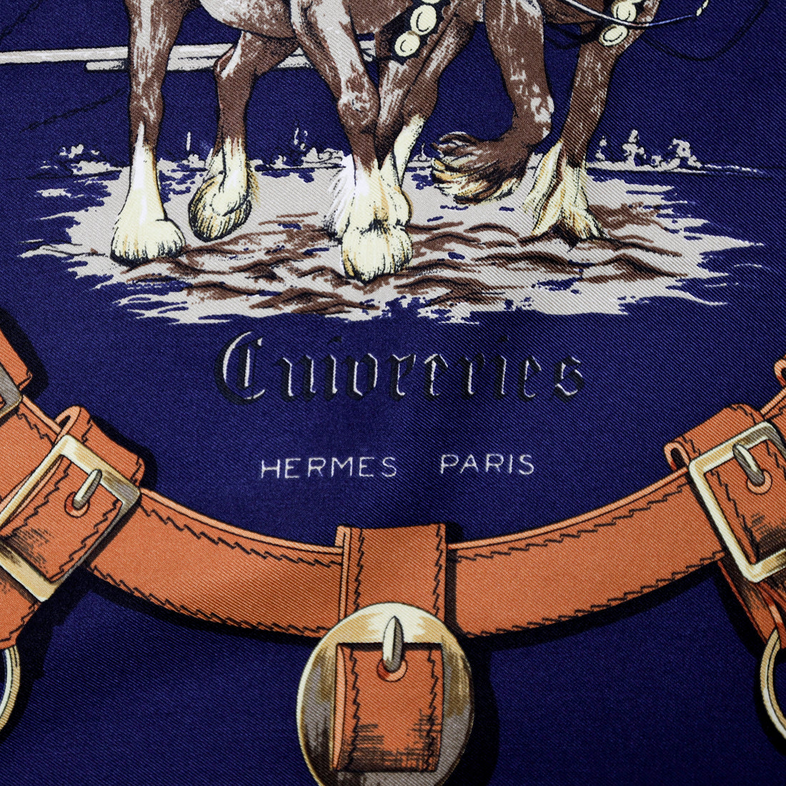 Hermès "Cuivreries" silk scarf in dark blue