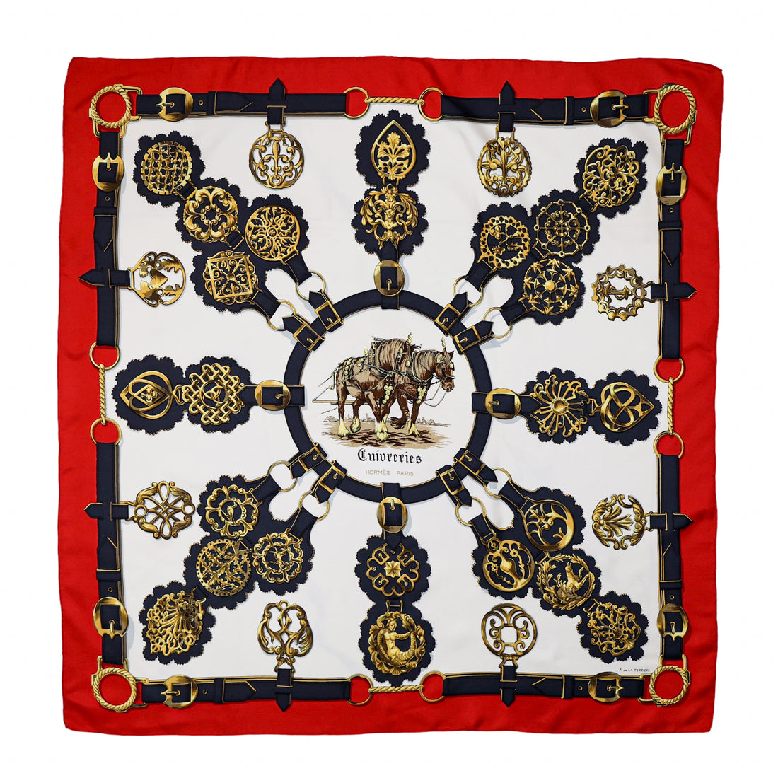 Hermès "Cuivreries" silk scarf in red