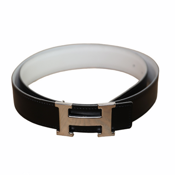 Hermès reversible belt "H" with silver clasp 30mm in black and cream