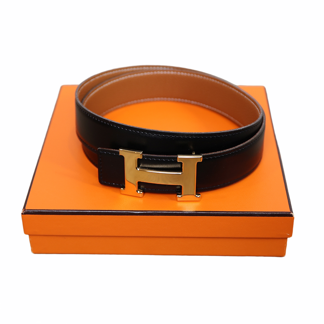 Hermès reversible belt H with hammered gold clasp 30mm in black and