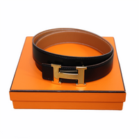 Hermès reversible belt "H" with hammered gold clasp 30mm in black and cognac