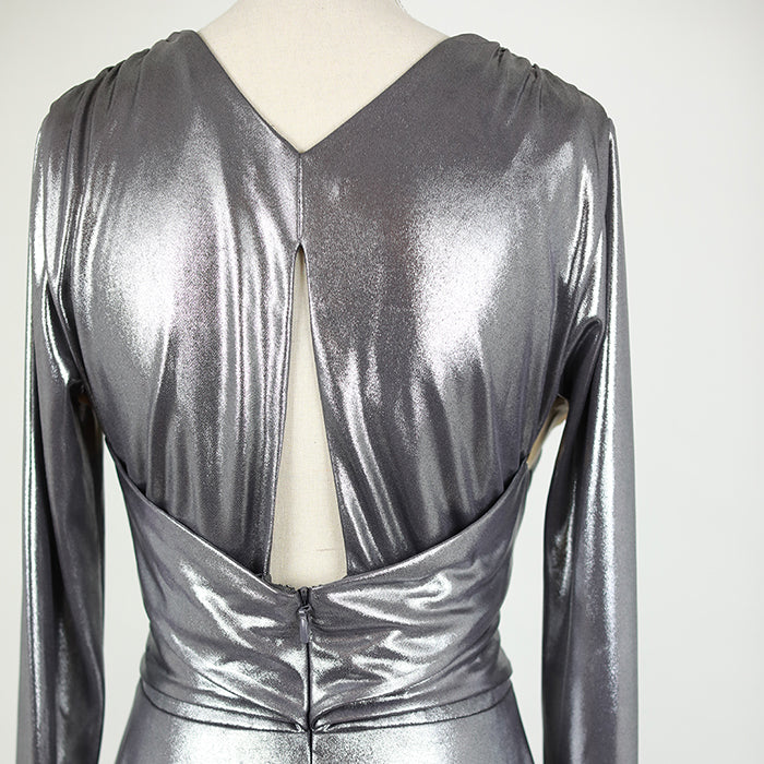 HALSTON Heritage Metallic Silver Open Back Jersey Dress
